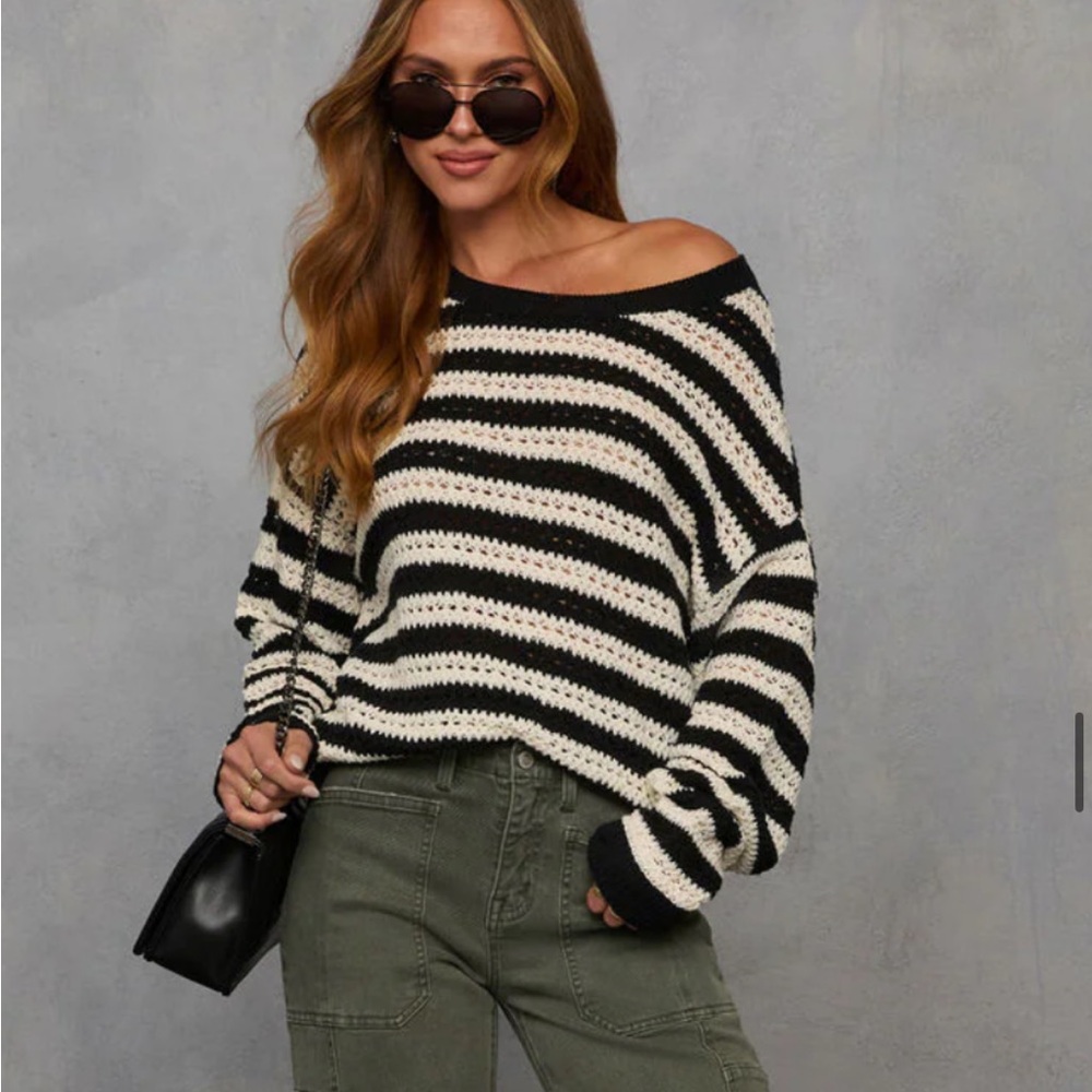 VICI Striped Black and White Crochet Sweater